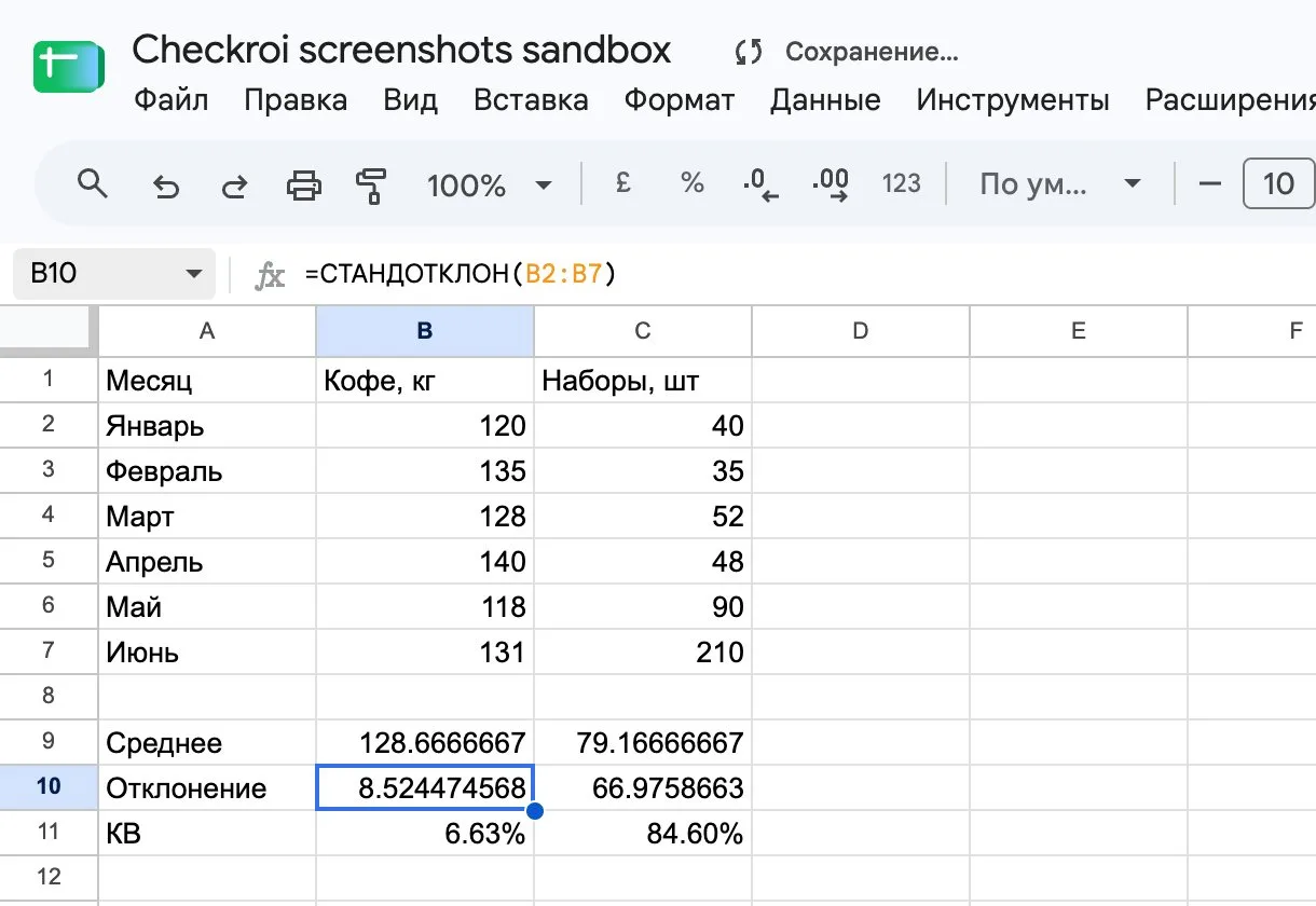 Стандартное отклонение продаж кофе по формуле СТАНДОТКЛОН в Google Таблицах: 8,52 кг