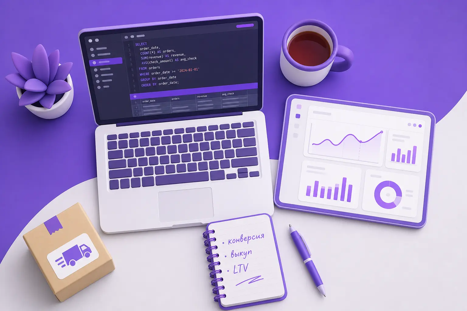 Инструменты аналитика e-commerce на столе: ноутбук с SQL-запросом, дашборд и блокнот с метриками