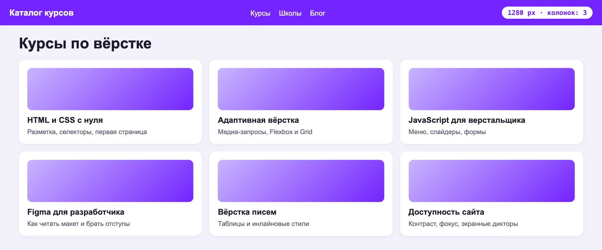 Страница на ширине 1280 пикселей: медиа-запрос min-width 1200px выстроил карточки в три колонки