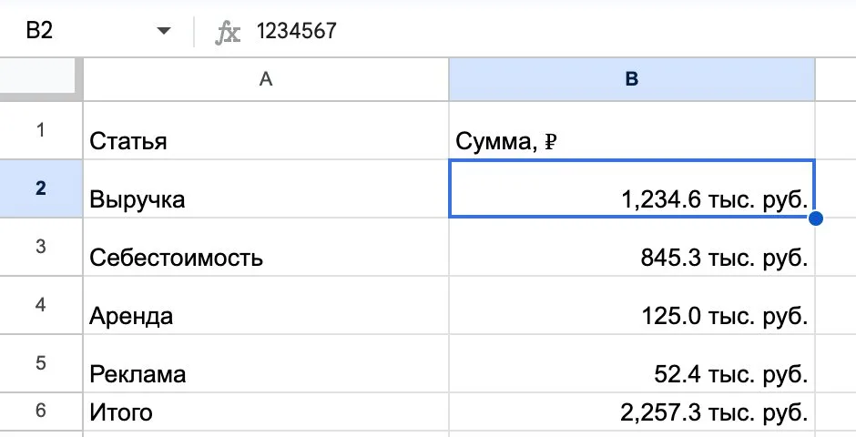 Суммы в тысячах рублей после пользовательского формата: в строке формул осталось 1234567