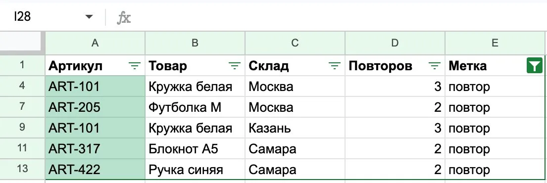 Отфильтрованная таблица в Google Таблицах: остались 5 строк с меткой «повтор»