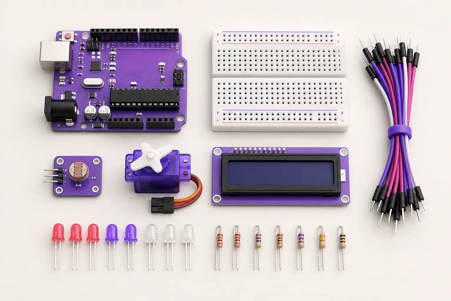 Плата Arduino, датчики, провода и макетная плата разложены на столе