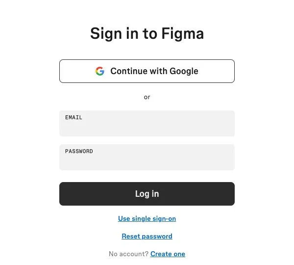 Вход в Figma Страница входа в Фигму с полями почты и пароля и ссылкой Reset password
