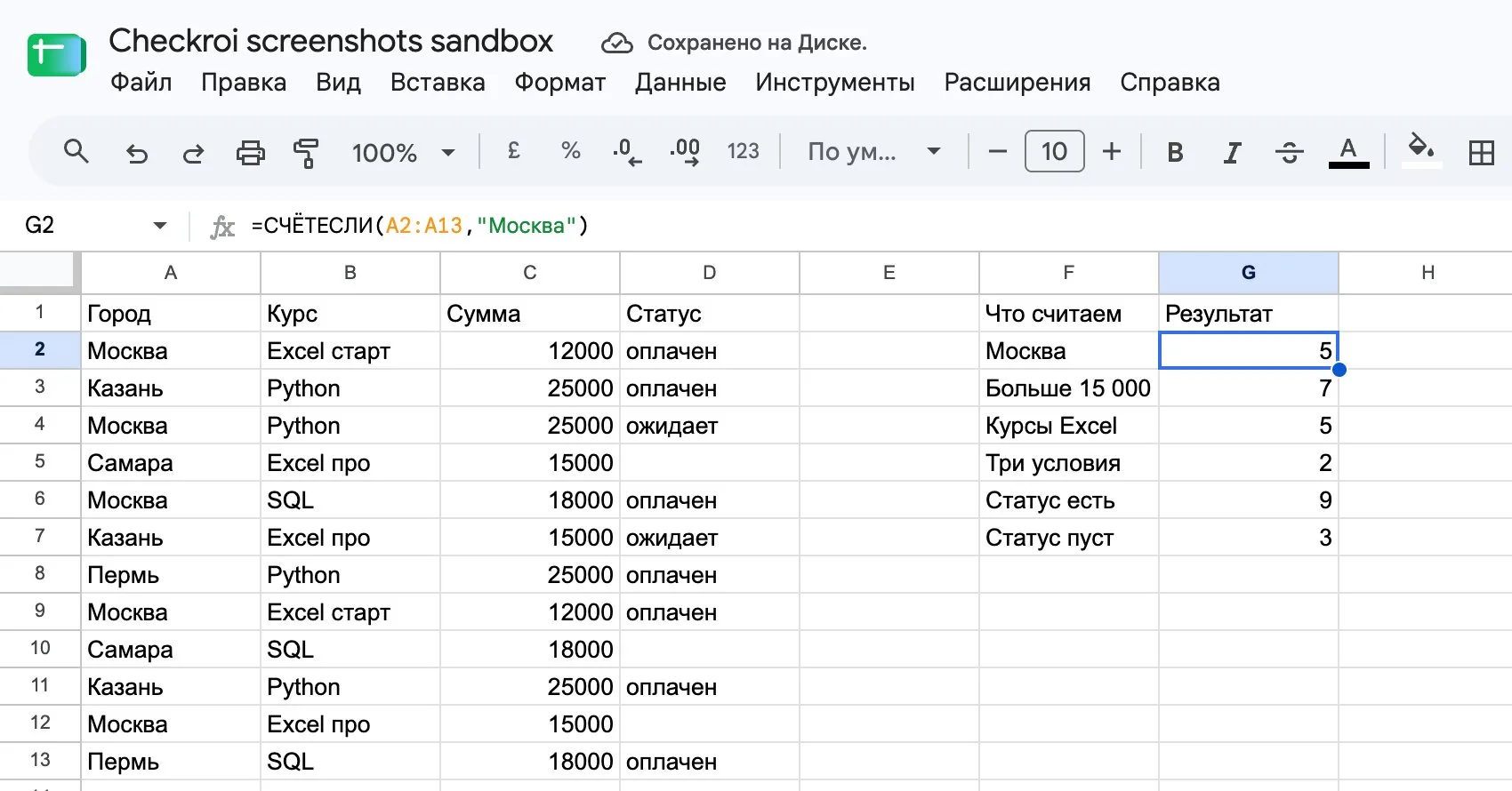 Результат СЧЁТЕСЛИ в Google Таблицах: 5 заявок из Москвы в таблице из 12 строк