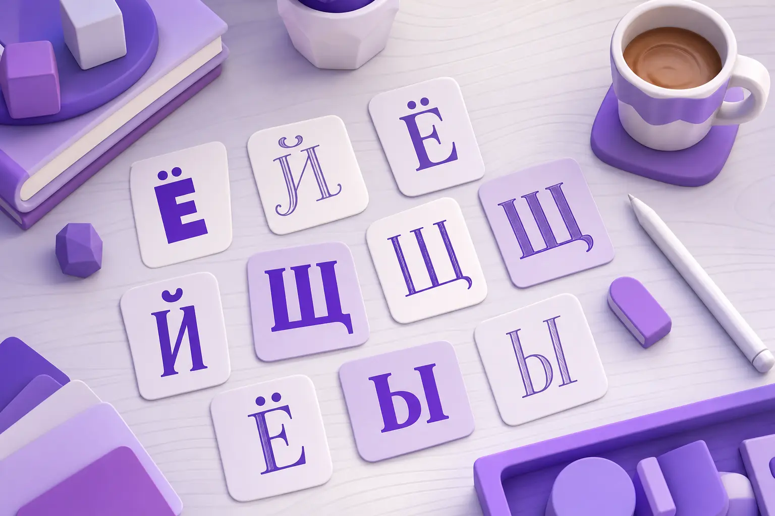 Карточки с образцами кириллических шрифтов на столе дизайнера Карточки с образцами кириллических шрифтов на столе дизайнера