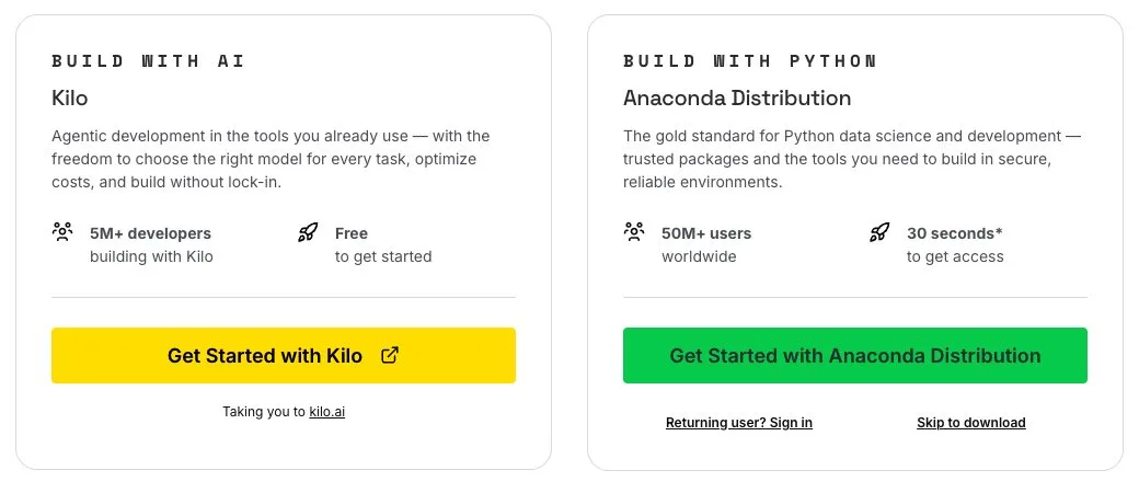 Страница загрузки Anaconda Distribution со ссылкой Skip to download