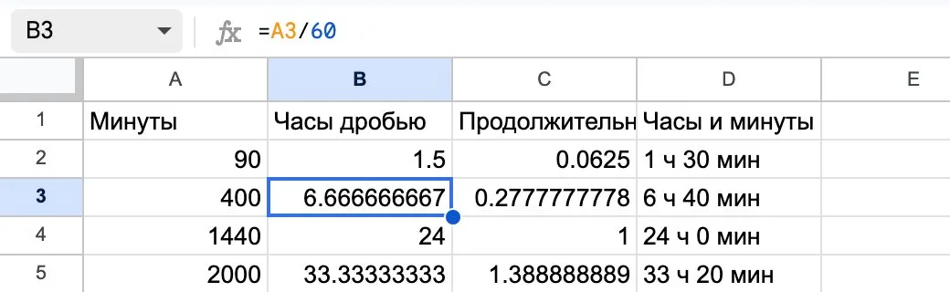 Формула =A3/60 в Google Таблицах переводит 400 минут в часы дробью