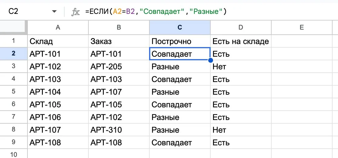 Сравнение двух столбцов построчно формулой ЕСЛИ в Google Таблицах: 4 совпадения из 8