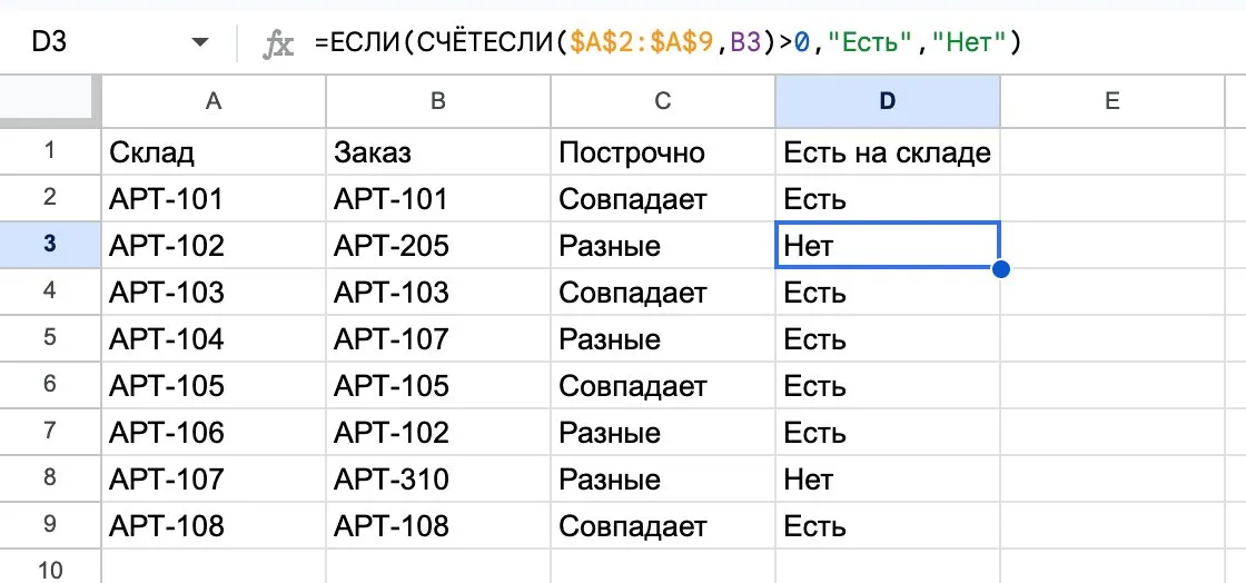 Поиск совпадений в двух столбцах с разным порядком формулой СЧЁТЕСЛИ