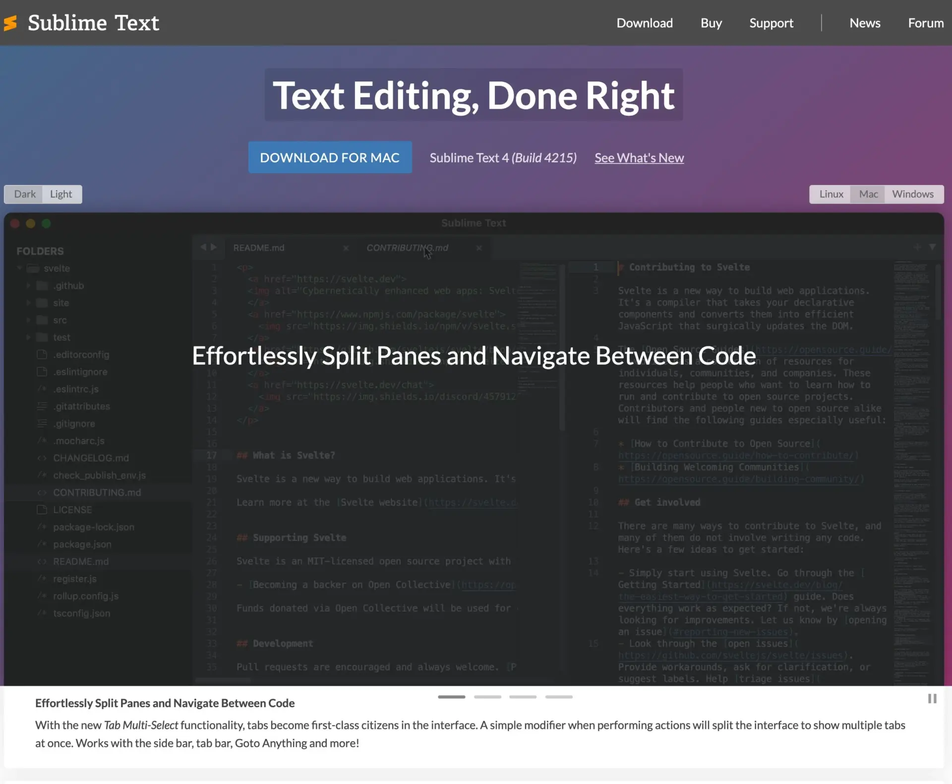 Интерфейс редактора кода Sublime Text 4: дерево папок слева и два файла в соседних панелях