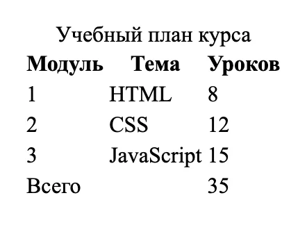 Таблица учебного плана в HTML без CSS в браузере Chrome: подпись, шапка, три строки и итог