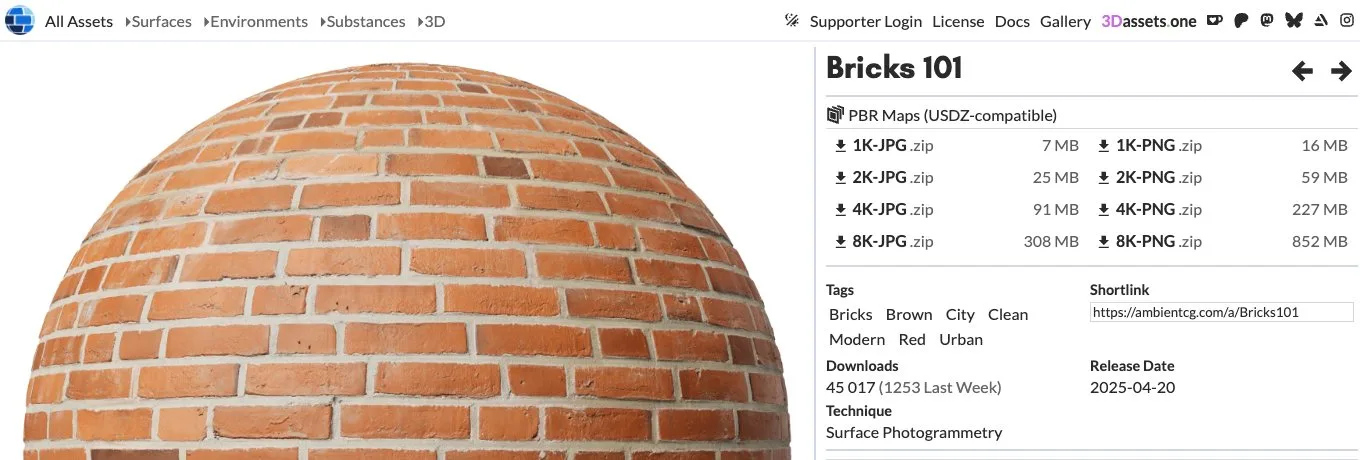 Карточка материала Bricks 101 на ambientCG: архивы PBR-карт от 1K до 8K в JPG и PNG