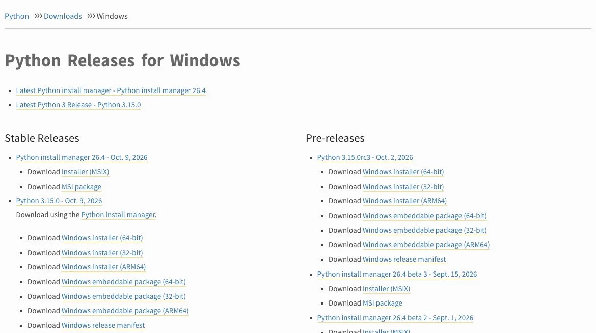 Загрузки Python для Windows Раздел Python Releases for Windows: Python install manager 26.4 и установщики Python 3.15.0