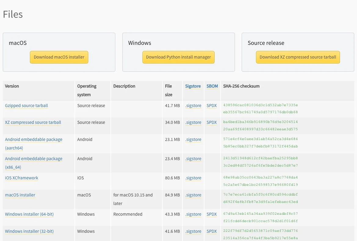 Файлы релиза Python 3.15.0 Таблица Files на странице релиза Python 3.15.0: установщики для macOS и Windows с размером файлов
