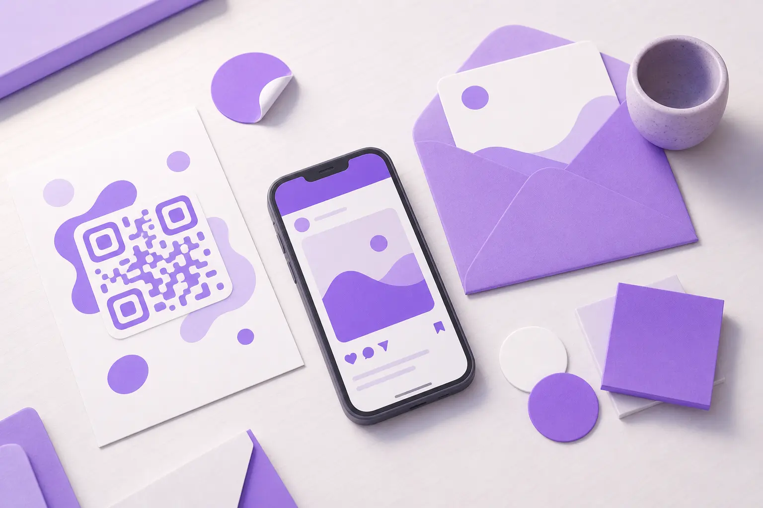 Листовка с QR-кодом, смартфон с постом и конверт рассылки на столе