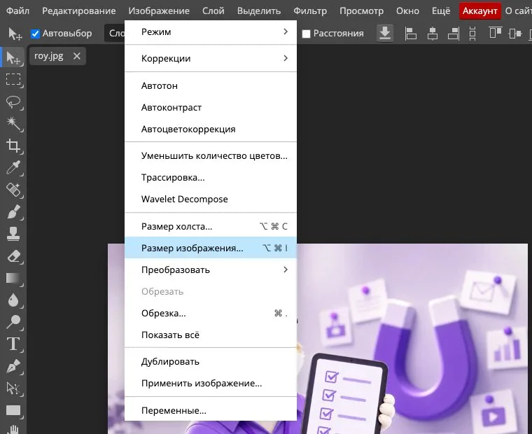Меню «Изображение» с пунктом «Размер изображения» в Photopea