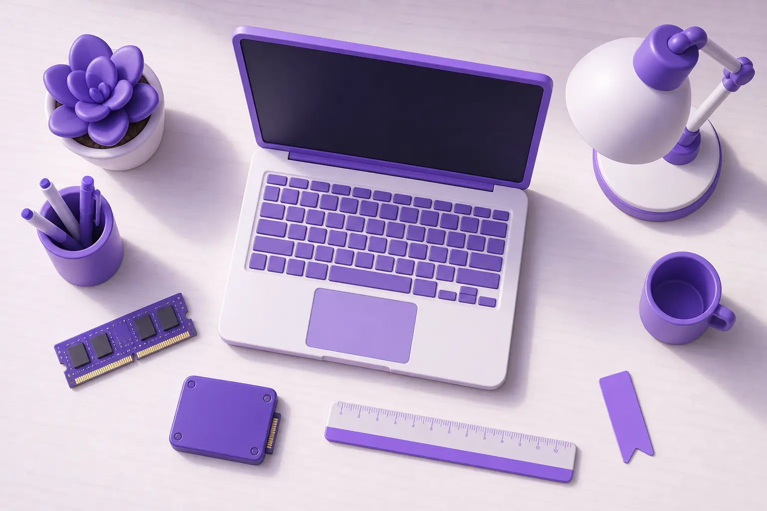 Ноутбук, планка памяти и SSD на рабочем столе