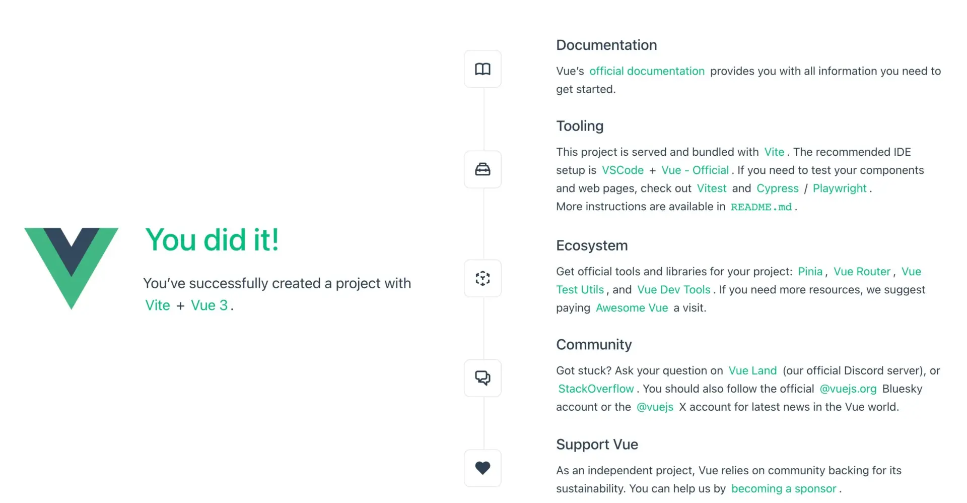 Стартовая страница нового проекта Vue 3 после npm run dev: логотип и надпись You did it