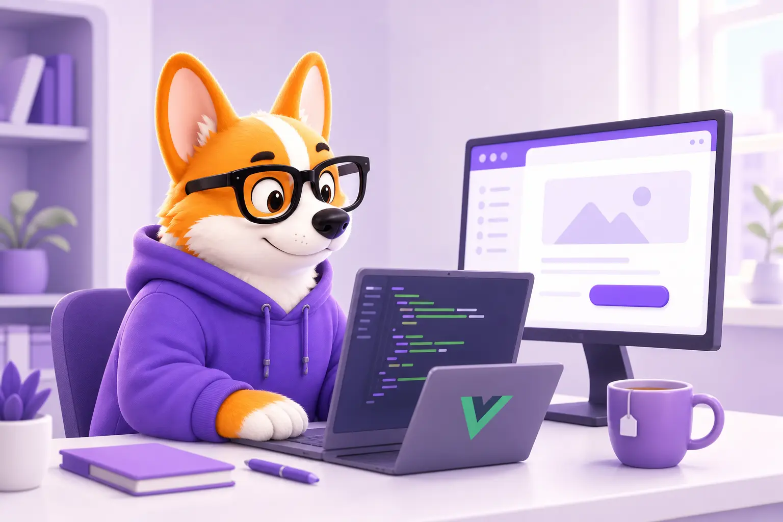 Рой за ноутбуком знакомится с фреймворком Vue