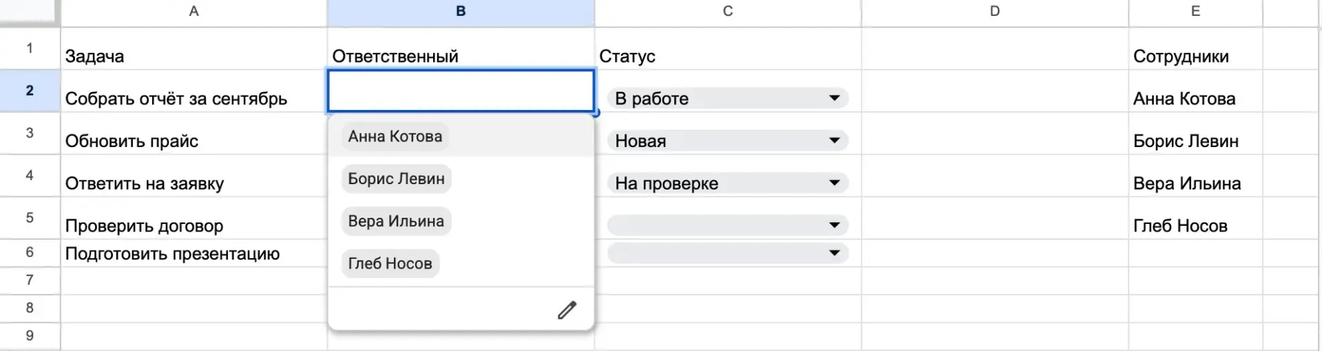 Выпадающий список сотрудников из диапазона в ячейке Google Таблицы
