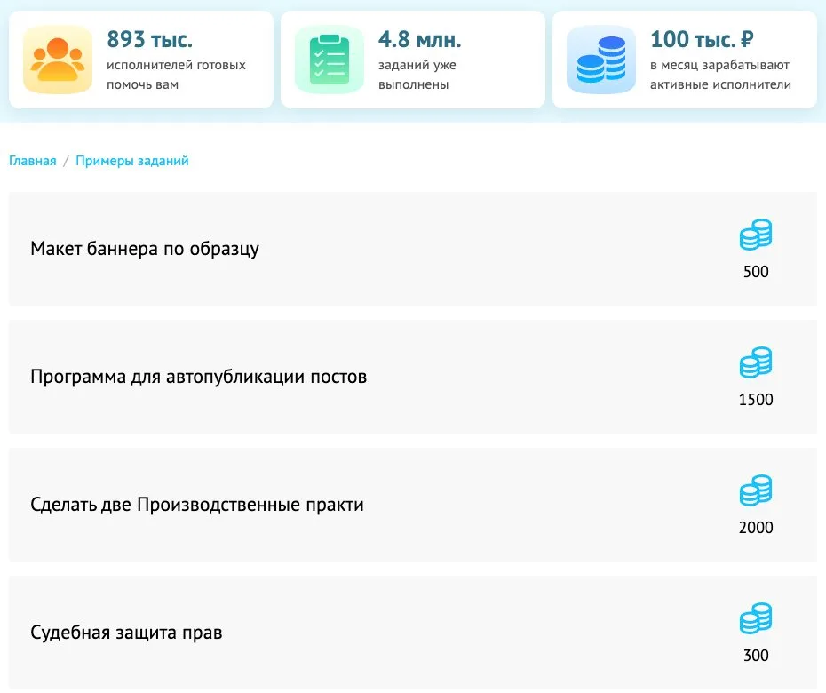 Примеры заданий на Воркзилле с ценами от 300 до 2000 рублей
