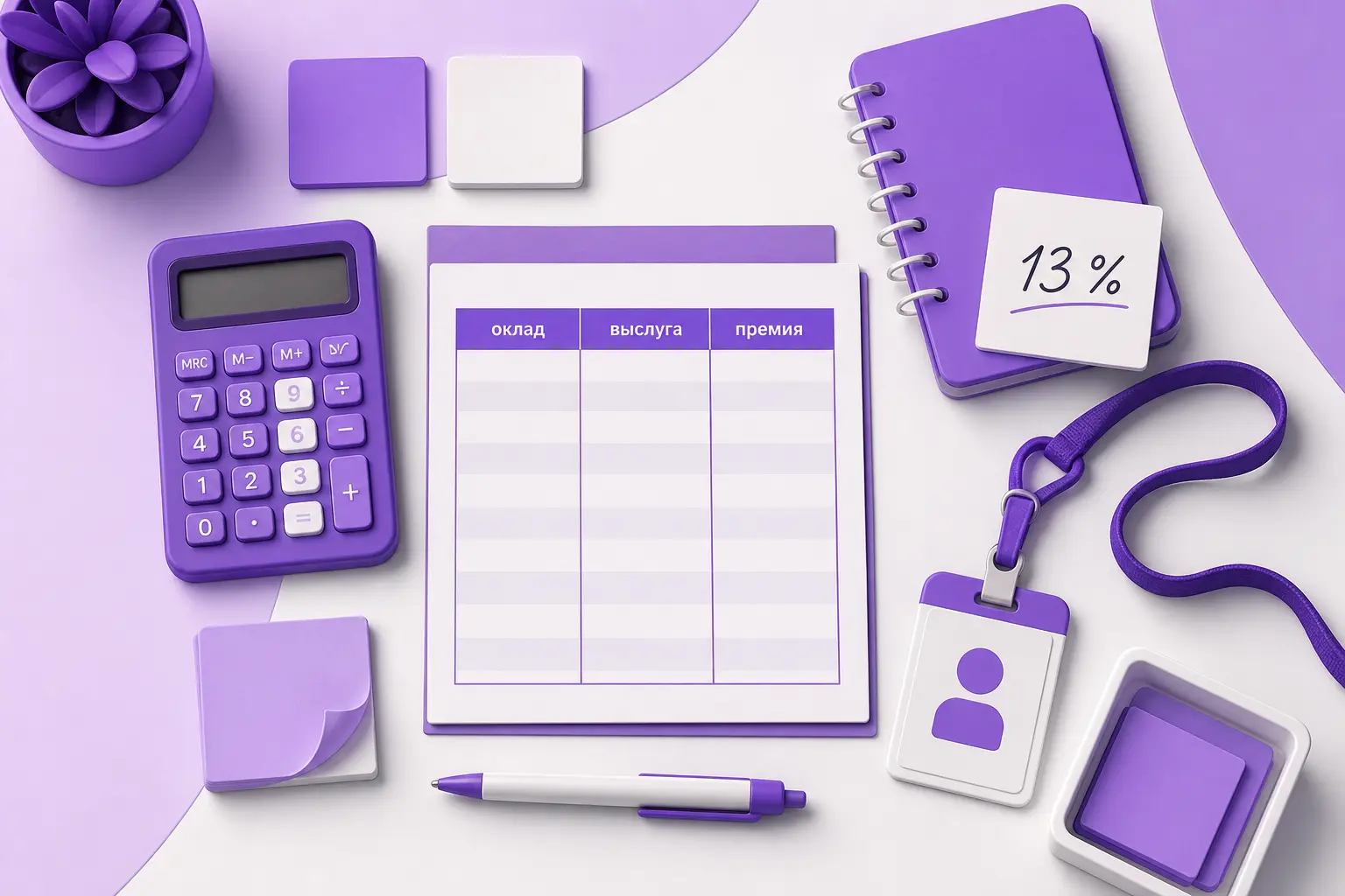 Стол с расчётным листком, калькулятором и заметками про НДФЛ