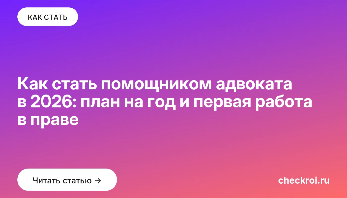Статья: Как стать помощником адвоката в 2026: план на год и первая работа в праве Обложка: Как стать помощником адвоката в 2026: план на год и первая работа в праве
