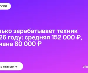 Обложка: Сколько зарабатывает техник в 2026 году: средняя 152 000 ₽, медиана 80 000 ₽