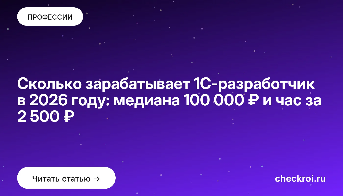 Обложка: Сколько зарабатывает 1С-разработчик в 2026 году: медиана 100 000 ₽ и час за 2 500 ₽