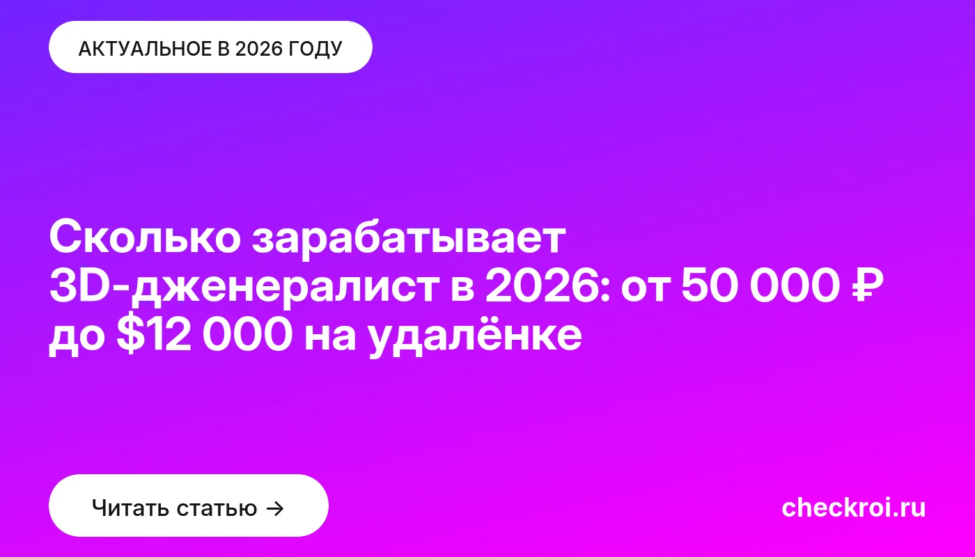 Статья: Сколько зарабатывает 3D-дженералист в 2026: от 50 000 ₽ до $12 000 на удалёнке Обложка: Сколько зарабатывает 3D-дженералист в 2026: от 50 000 ₽ до $12 000 на удалёнке