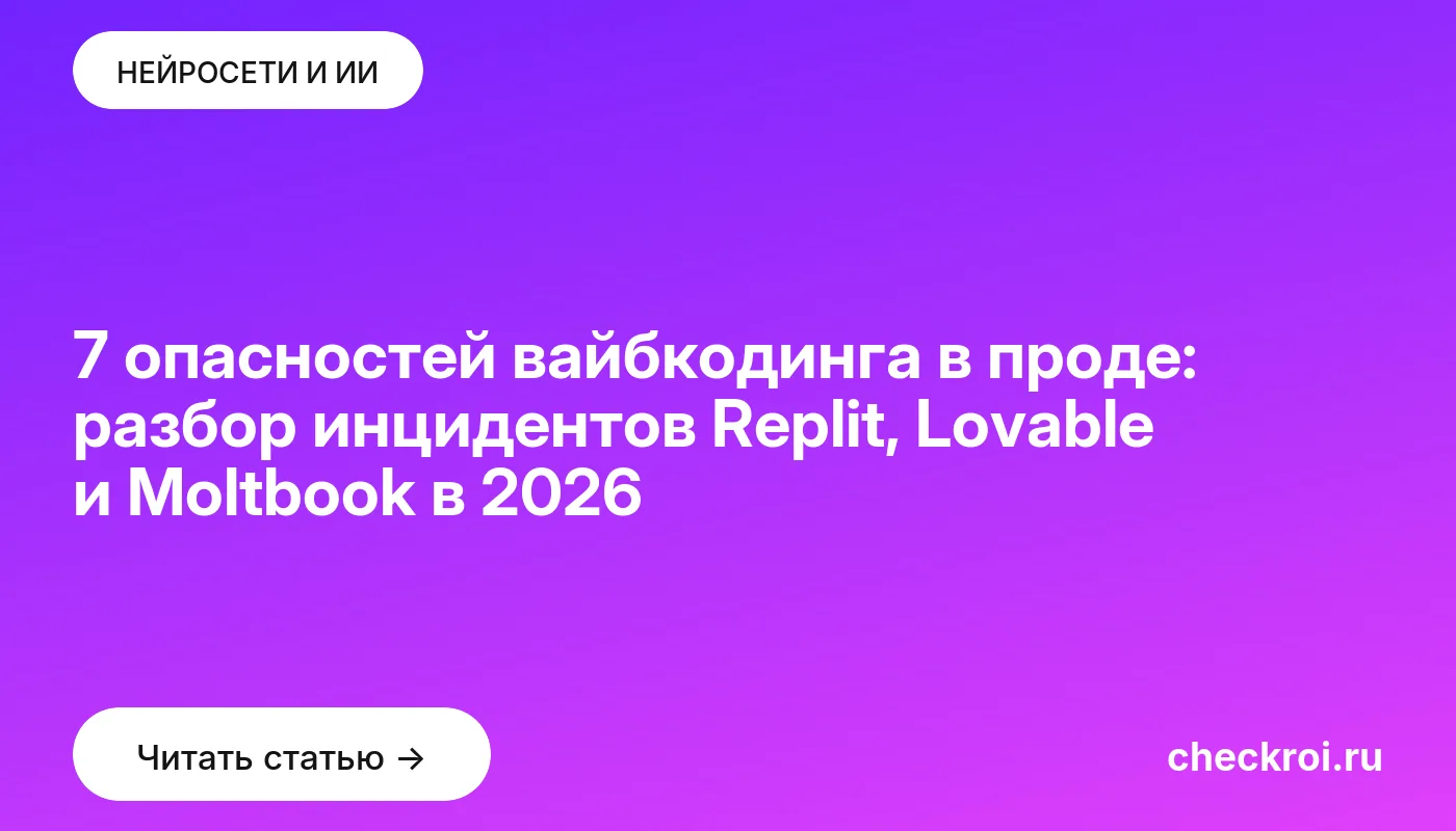 Статья: 7 опасностей вайбкодинга в проде: разбор инцидентов Replit, Lovable и Moltbook в 2026 Обложка: 7 опасностей вайбкодинга в проде: разбор инцидентов Replit, Lovable и Moltbook в 2026